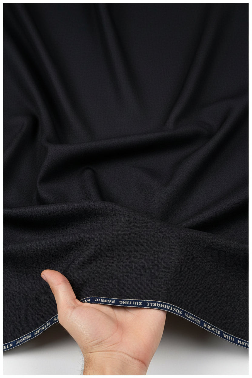 Black Raymond polywool unstitched trousers and suiting fabric, showcasing luxurious woven textile for tailoring or suit making.