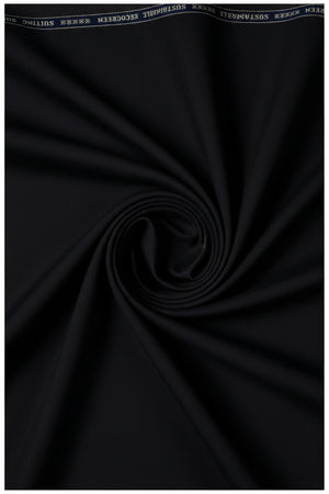 Black Raymond Polywool fabric for trousers and suiting, shown as luxurious unstitched material with detailed texture.