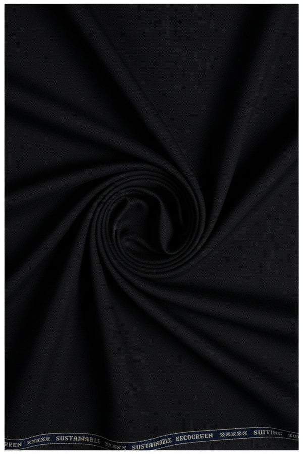 Black Raymond polywool trousers and suiting fabric showing a smooth, premium wool blend material with a subtle texture.