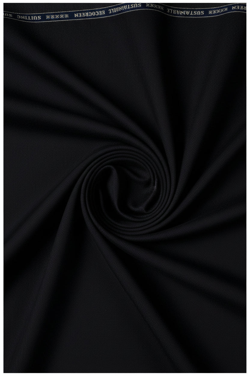Black Raymond Polywool fabric for trousers and suiting, shown as luxurious unstitched material with detailed texture.