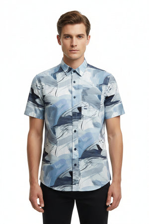 Blue Arvind Tresca cotton digital print shirting fabric with intricate pattern and smooth texture, ideal for stylish shirts.