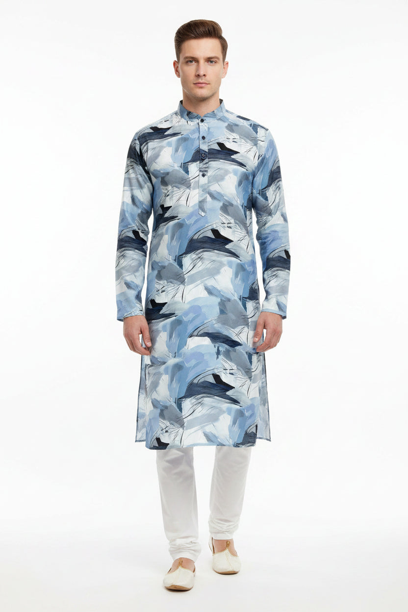 Blue Arvind Tresca cotton digital print shirting fabric with intricate pattern, suitable for stylish men's or women's shirts.