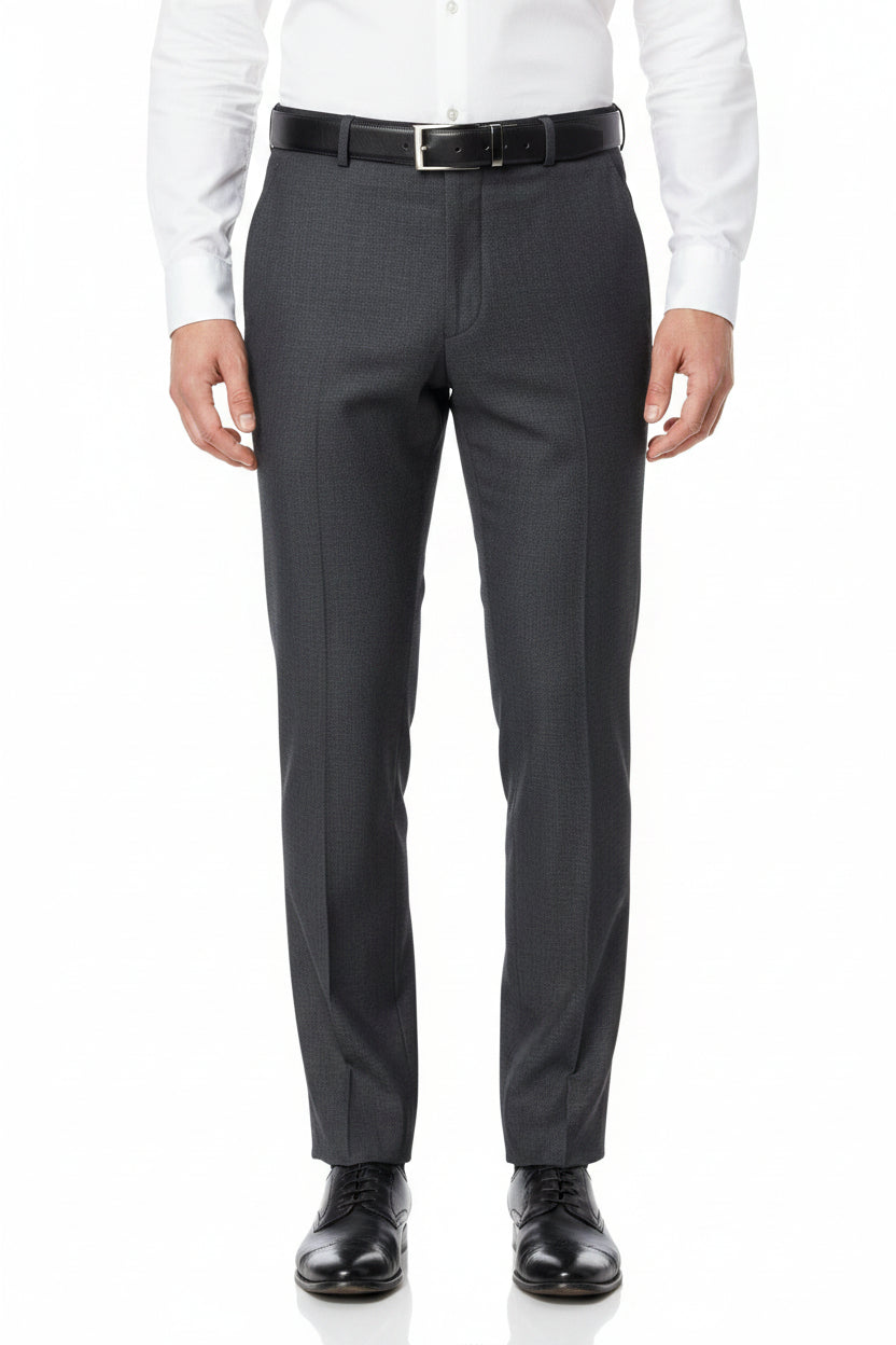 Charcoal grey Mafatlal unstitched poly viscose trouser and suiting fabric, showing textured fabric with subtle sheen and fabric details.