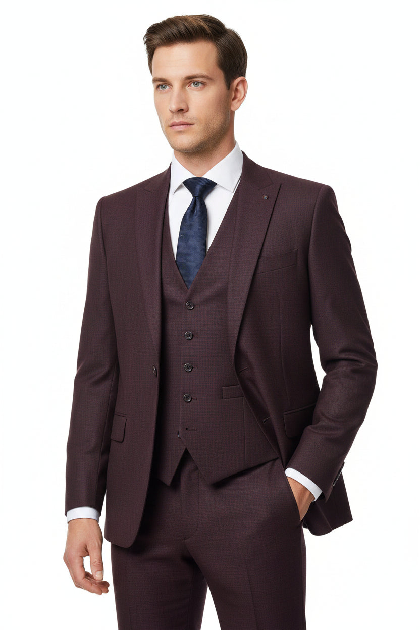 Raymond Terry wine-colored rayon trousers and suiting fabric with smooth texture and elegant drape.