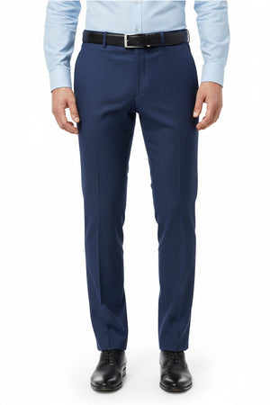Navy blue Raymond Terry Rayon trousers and suiting fabric with a smooth texture and classic weave pattern.