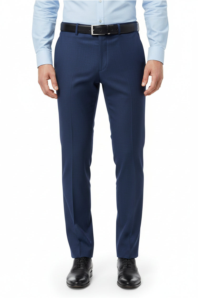 Navy blue Raymond Terry Rayon trousers and suiting fabric with a smooth texture and classic weave pattern.