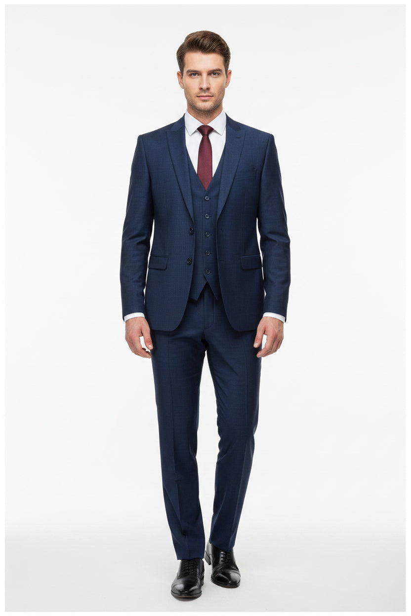 Navy blue Raymond Terry Rayon trousers and suiting fabric, showing smooth fabric texture and tailored fit details.
