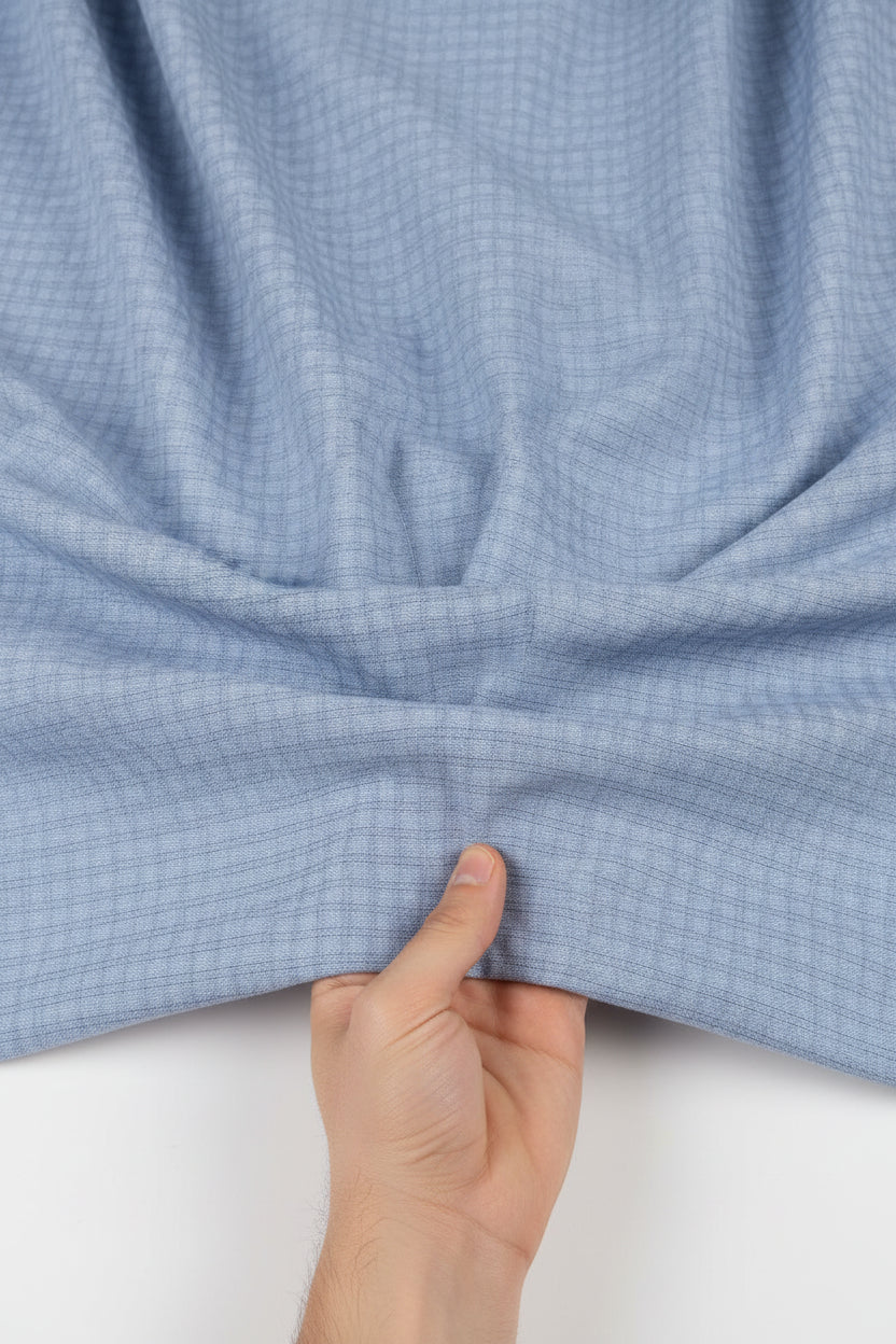 Steel blue Mafatlal cotton checks unstitched shirting fabric, showcasing a woven check pattern ideal for dress shirts.