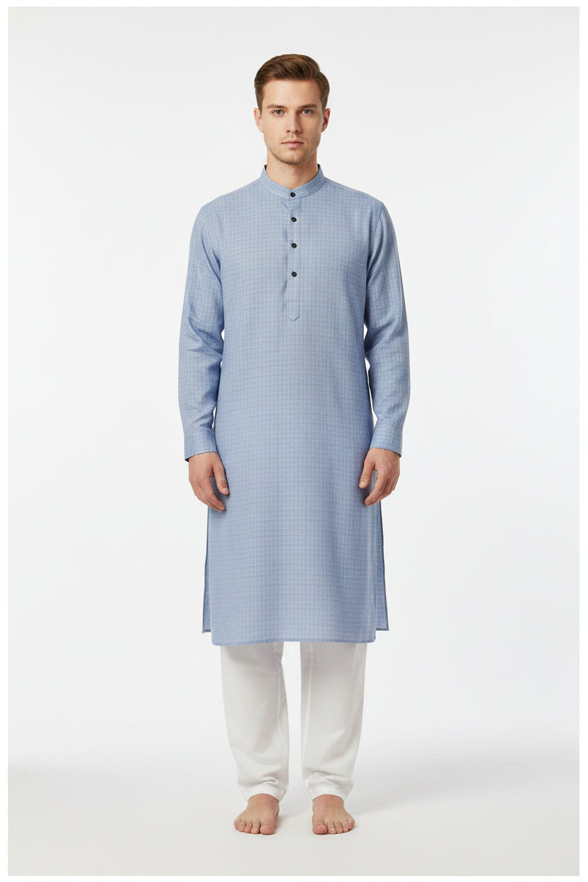 Steel blue Mafatlal cotton checks unstitched shirting fabric shown in a close-up image.