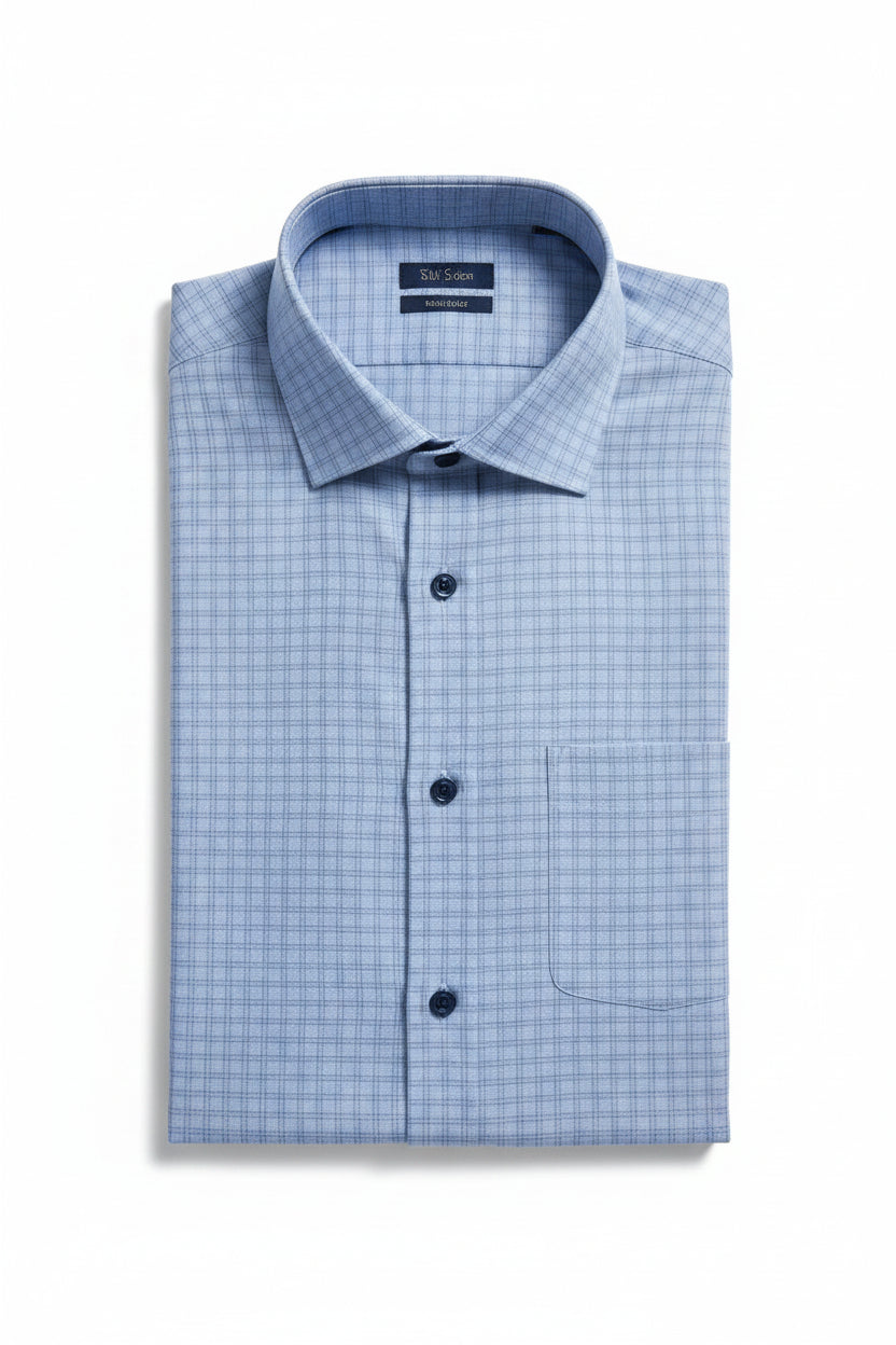 Steel blue Mafatlal cotton checks shirting fabric, unstitched material with a classic checked pattern for shirts or garments.