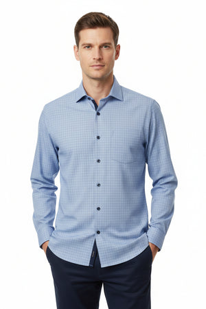 Mafatlal Cotton Checks unstitched shirting fabric in steel blue with a classic check pattern, ideal for dress shirts and tailored garments.