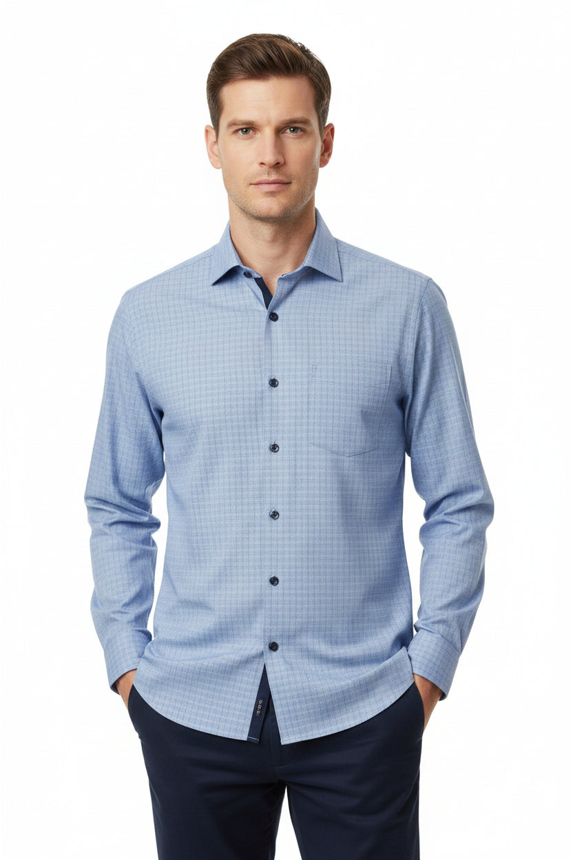 Mafatlal Cotton Checks unstitched shirting fabric in steel blue with a classic check pattern, ideal for dress shirts and tailored garments.