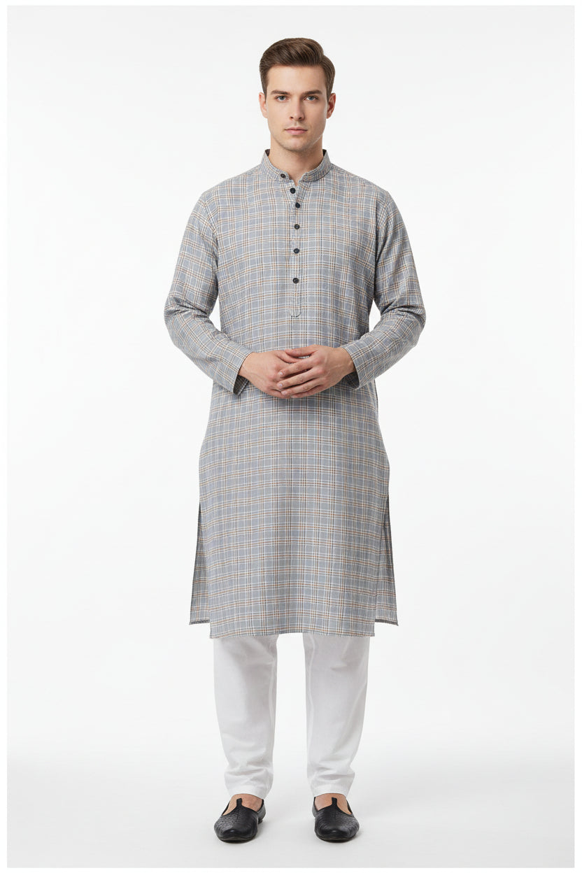 Grey Arvind cotton shirt fabric with check pattern, featuring a smooth texture and classic design.