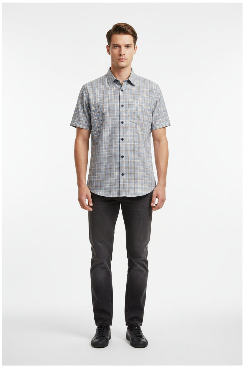 Grey Arvind cotton shirt fabric with check pattern, showing close-up of the textured woven material.