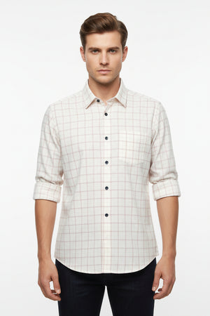 Brown checkered Arvind Giza Cotton shirting fabric showing white background with brown check patterns.