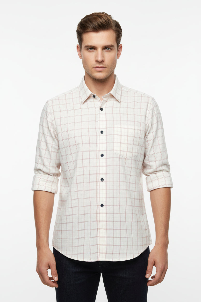 Brown checkered Arvind Giza Cotton shirting fabric showing white background with brown check patterns.