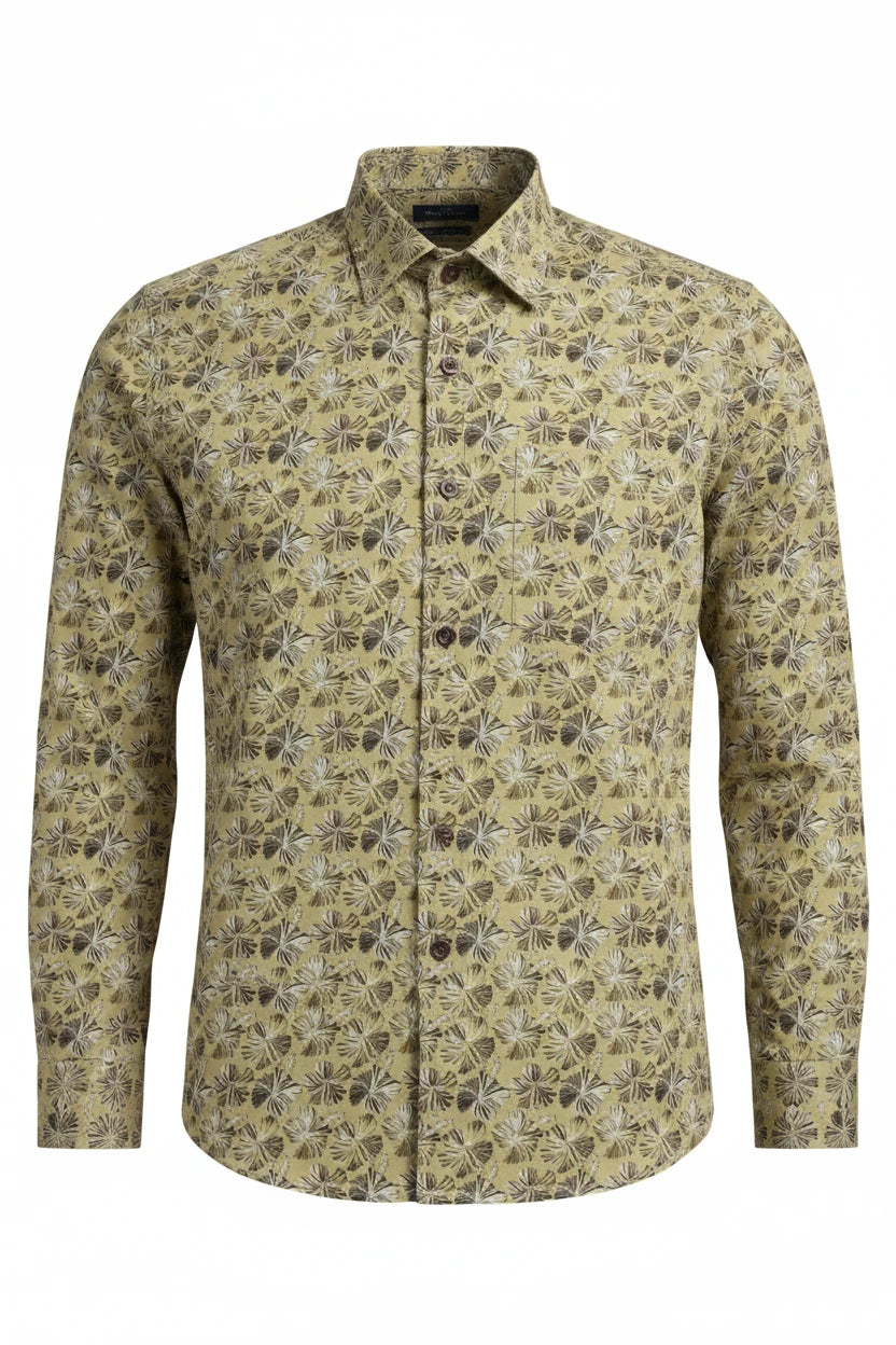 Ready made cotton shirt with a digital printed floral pattern on a beige background