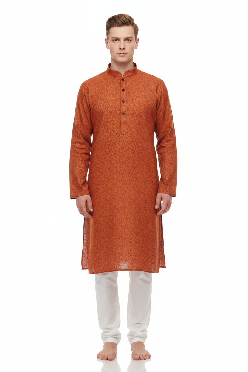Orange Arvind Tresca printed unstitched shirting fabric with intricate pattern and vibrant design, suitable for custom shirts.