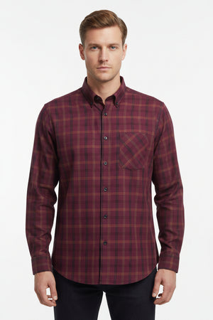 Arvind Tresca cotton shirt fabric in Boysenberry purple with check pattern, unstitched textile for custom shirt making.