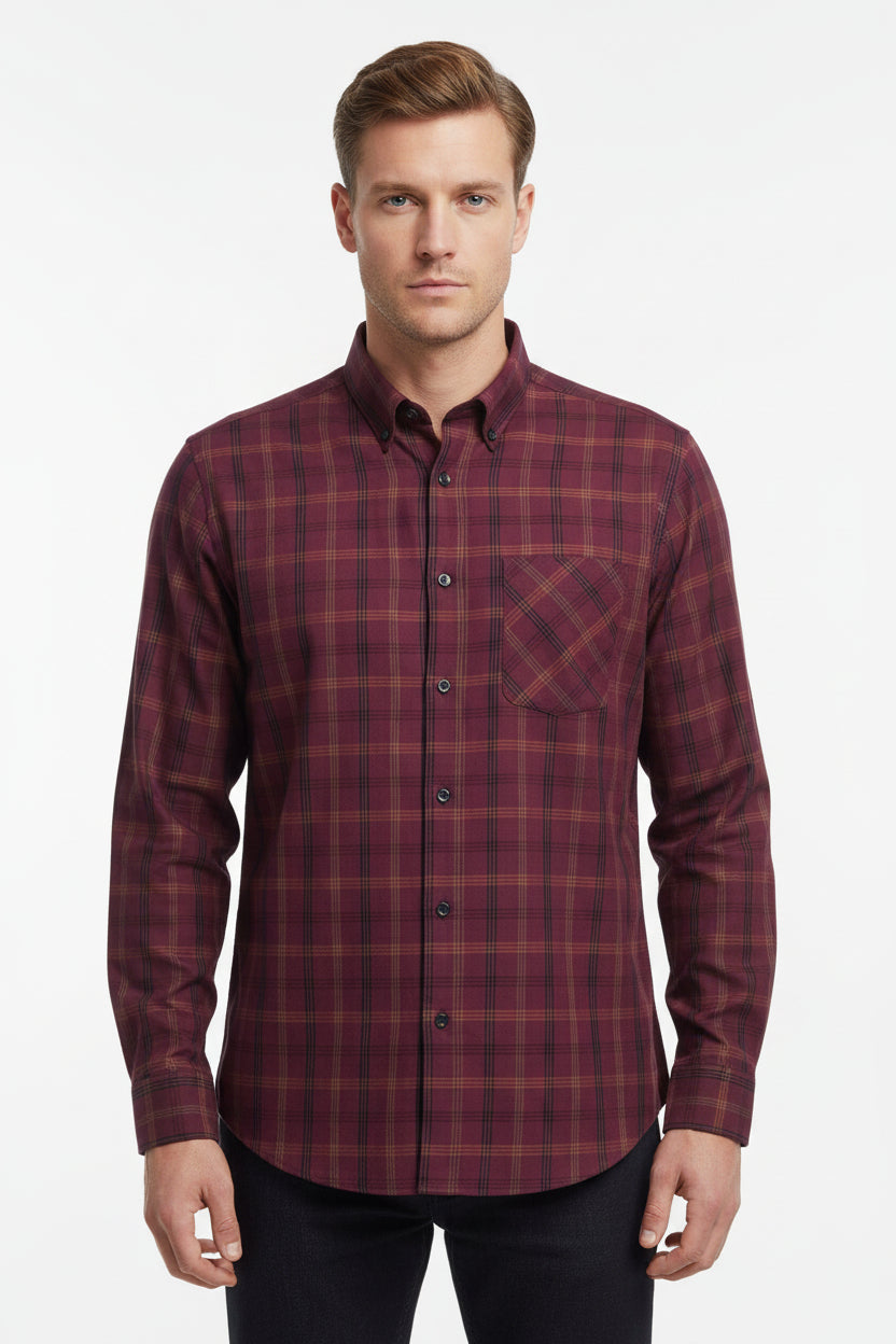 Arvind Tresca cotton shirt fabric in Boysenberry purple with check pattern, unstitched textile for custom shirt making.