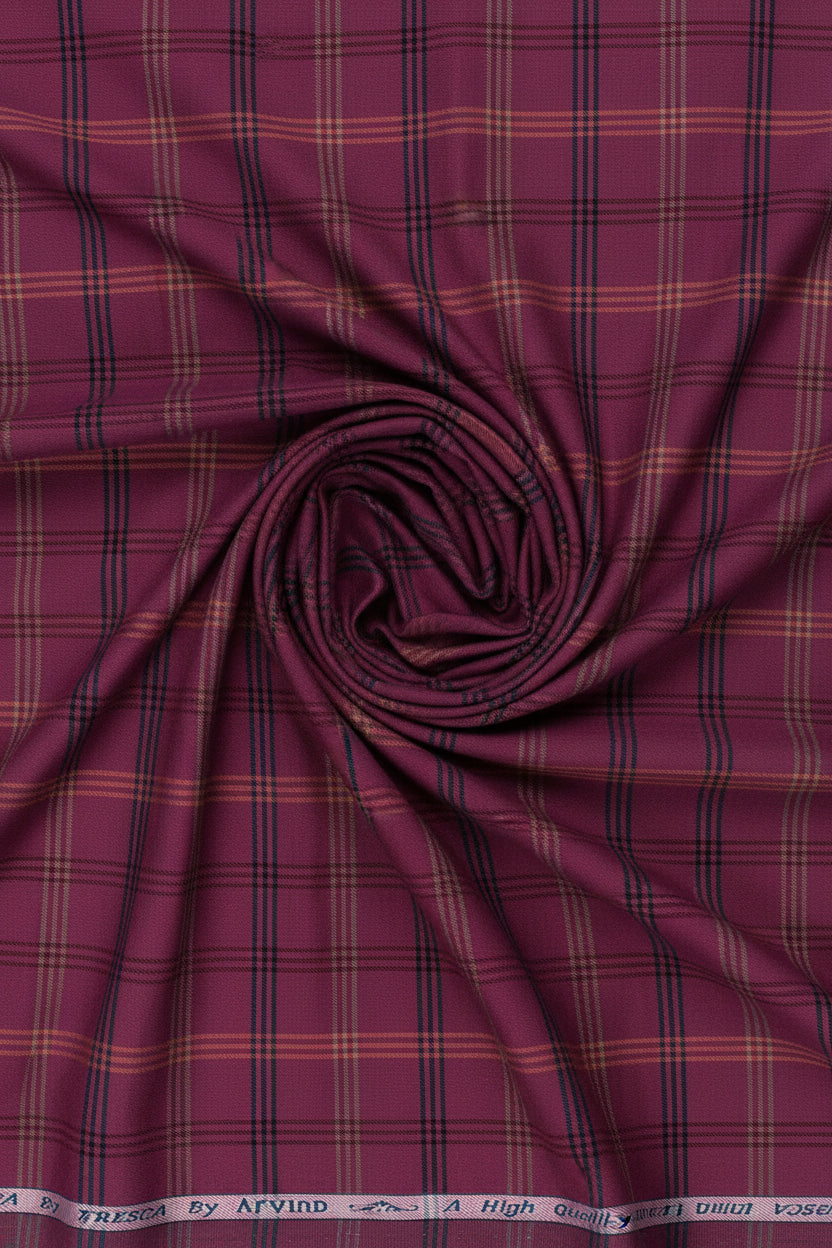 Boysenberry purple Arvind Tresca cotton shirt fabric with check pattern, unstitched Giza cotton textile for shirts.