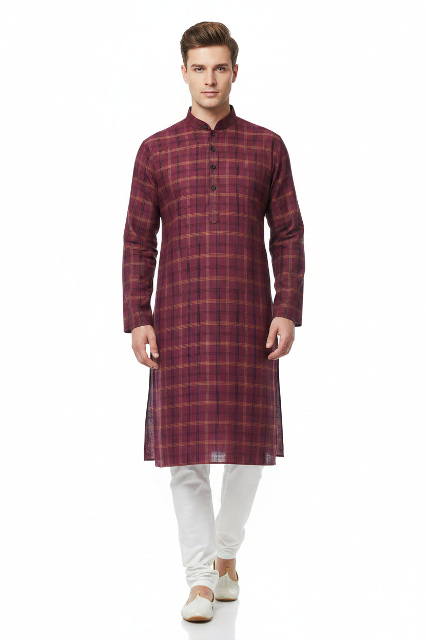Arvind Tresca cotton shirt fabric in Boysenberry purple with check pattern, unstitched textile for custom shirt making.