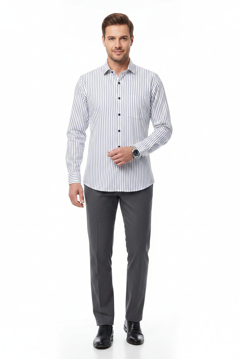 Black and white striped cotton Tresca shirt fabric by ARVIND, showing a close-up of the premium premium cotton material.