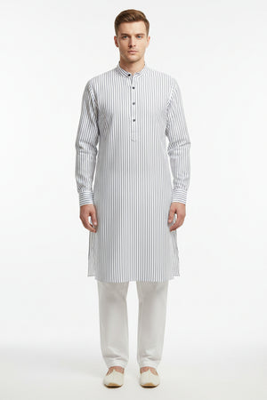 Black and white striped Arvind Tresca cotton shirt fabric showing a close-up of the premium woven textile.