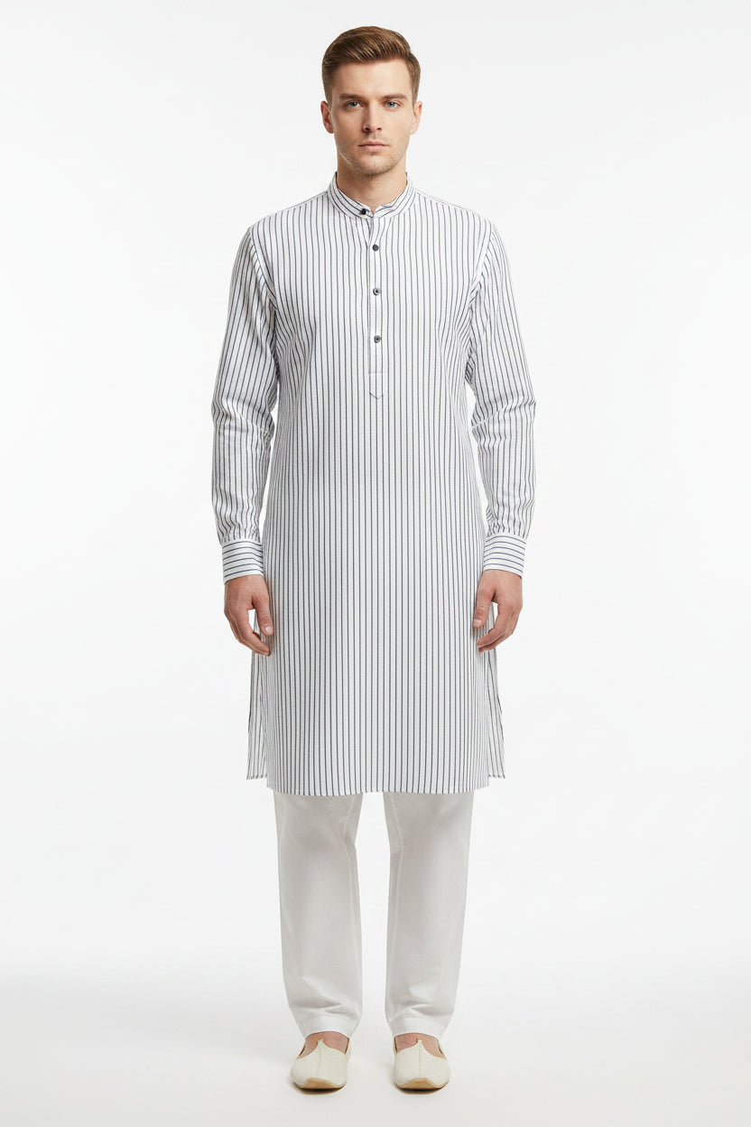 Black and white striped Arvind Tresca cotton shirt fabric showing a close-up of the premium woven textile.