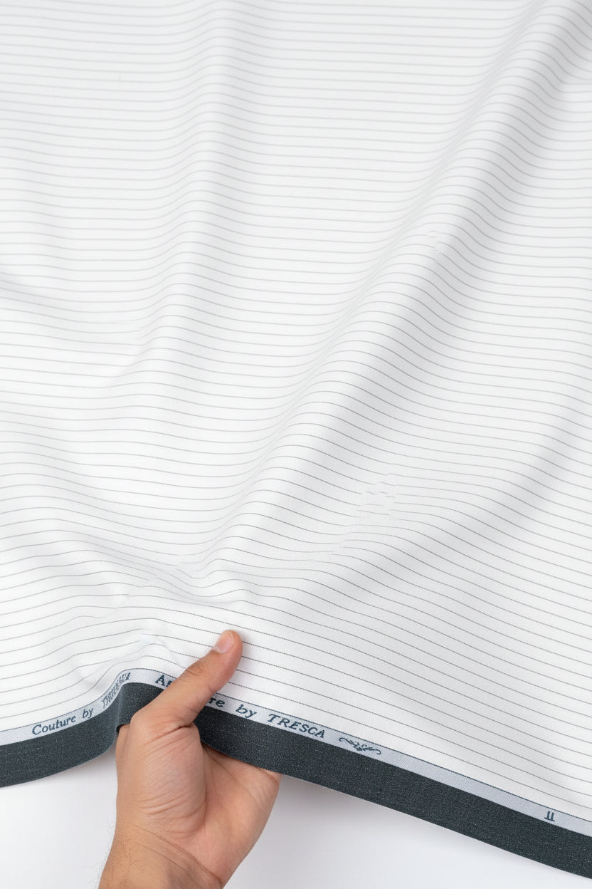 Black and white striped Arvind Tresca shirt fabric featuring premium cotton with a classic, textured design.