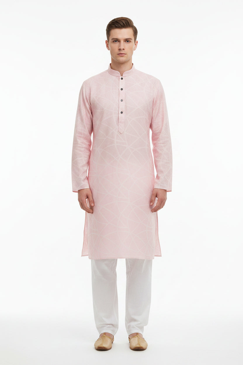 Light pink Arvind Tresca Jacquard cotton shirting fabric, unstitched textile with intricate woven pattern.