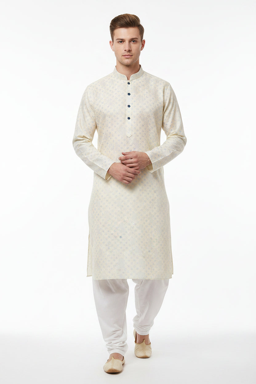 Golden Arvind Tresca cotton jacquard shirting fabric, unstitched textile with intricate woven patterns and rich texture.