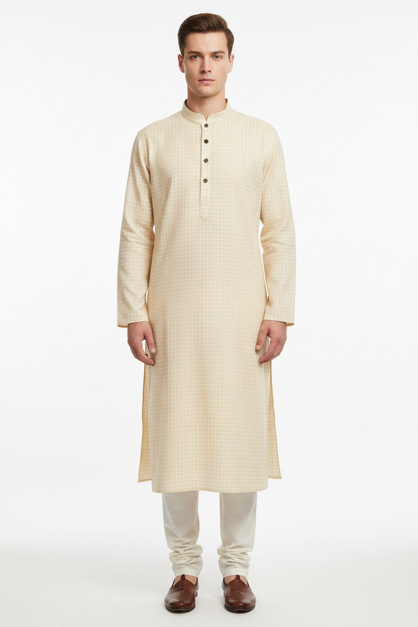 kurta in Beige fabric with a grid pattern