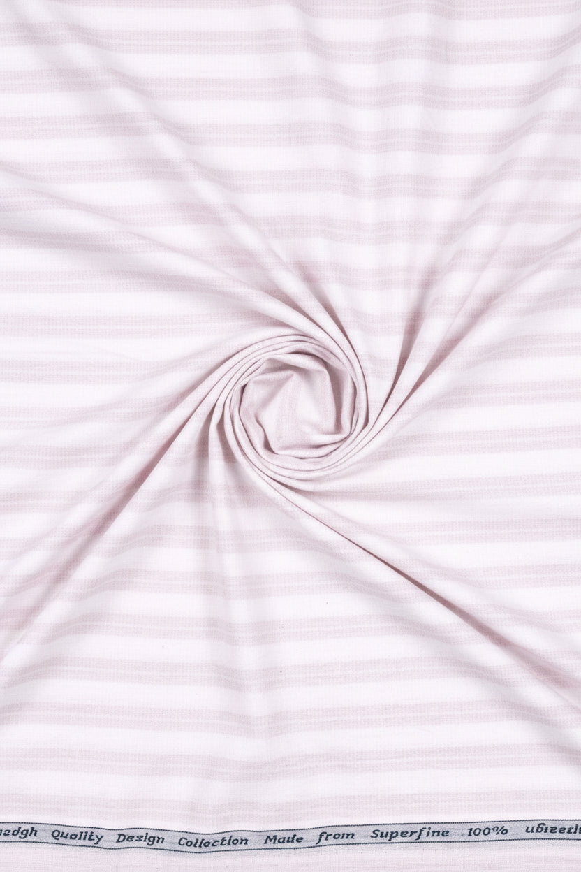 Light pink and white striped Arvind Tresca shirt fabric made from Giza cotton, shown in a close-up image.
