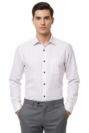 Light pink and white striped Arvind Tresca Giza cotton shirt fabric, showcasing soft, breathable textile with a smooth texture.