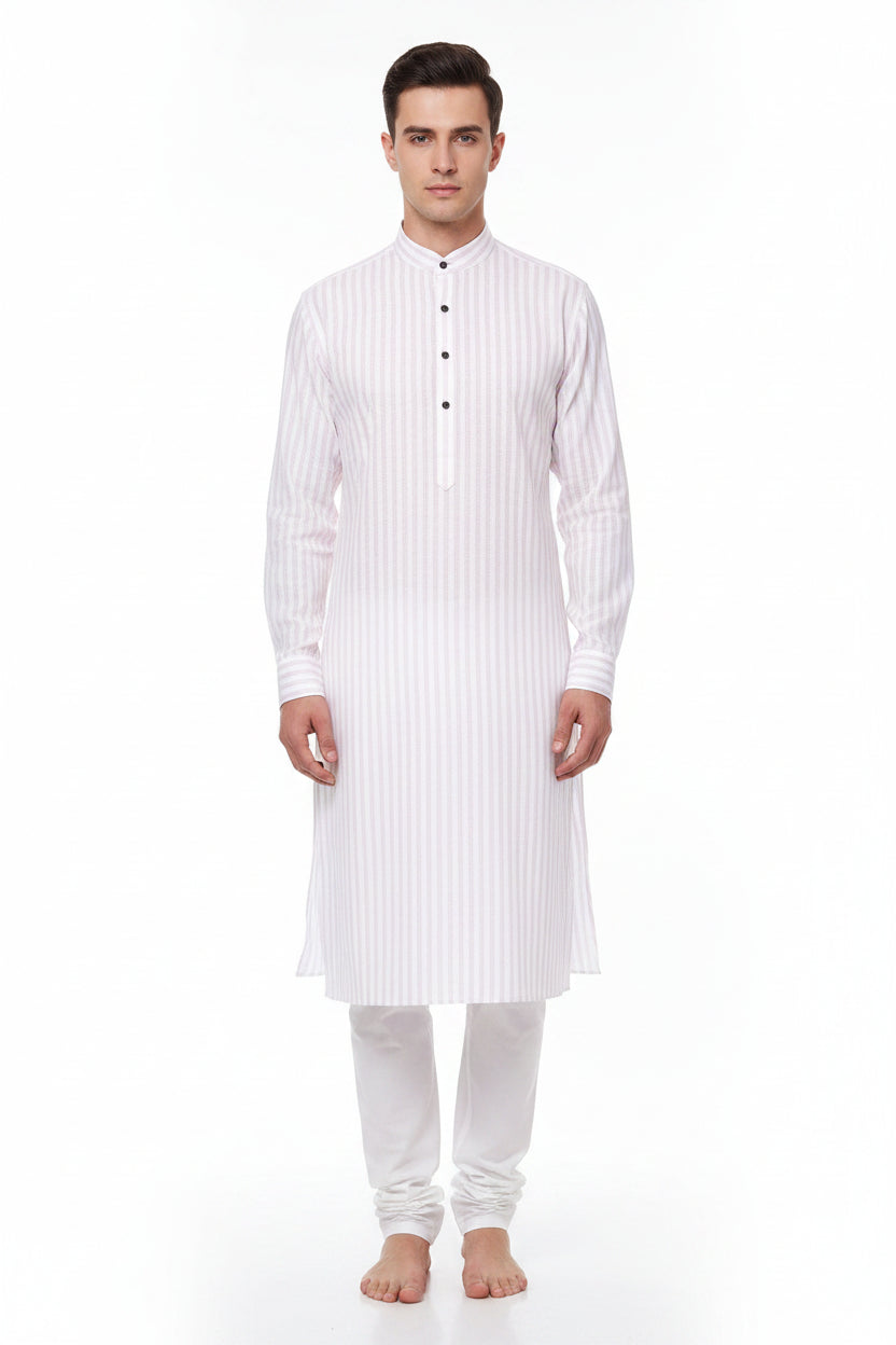 Light pink and white striped Arvind Tresca Giza cotton shirt fabric close-up showing soft, high-quality woven textile with fine pattern details.