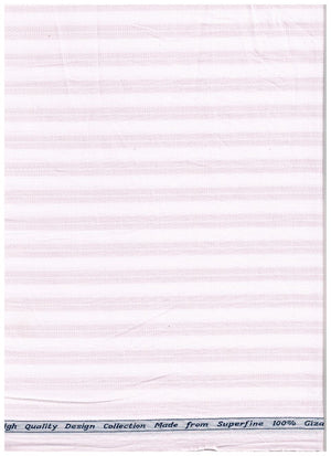 Light pink and white striped Arvind Tresca shirt fabric made from Giza cotton, showcasing a soft, breathable textile with a smooth texture.