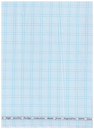 Sky blue Arvind Tresca shirt fabric in Giza cotton with checkered pattern, showcasing soft, high-quality cotton textile.
