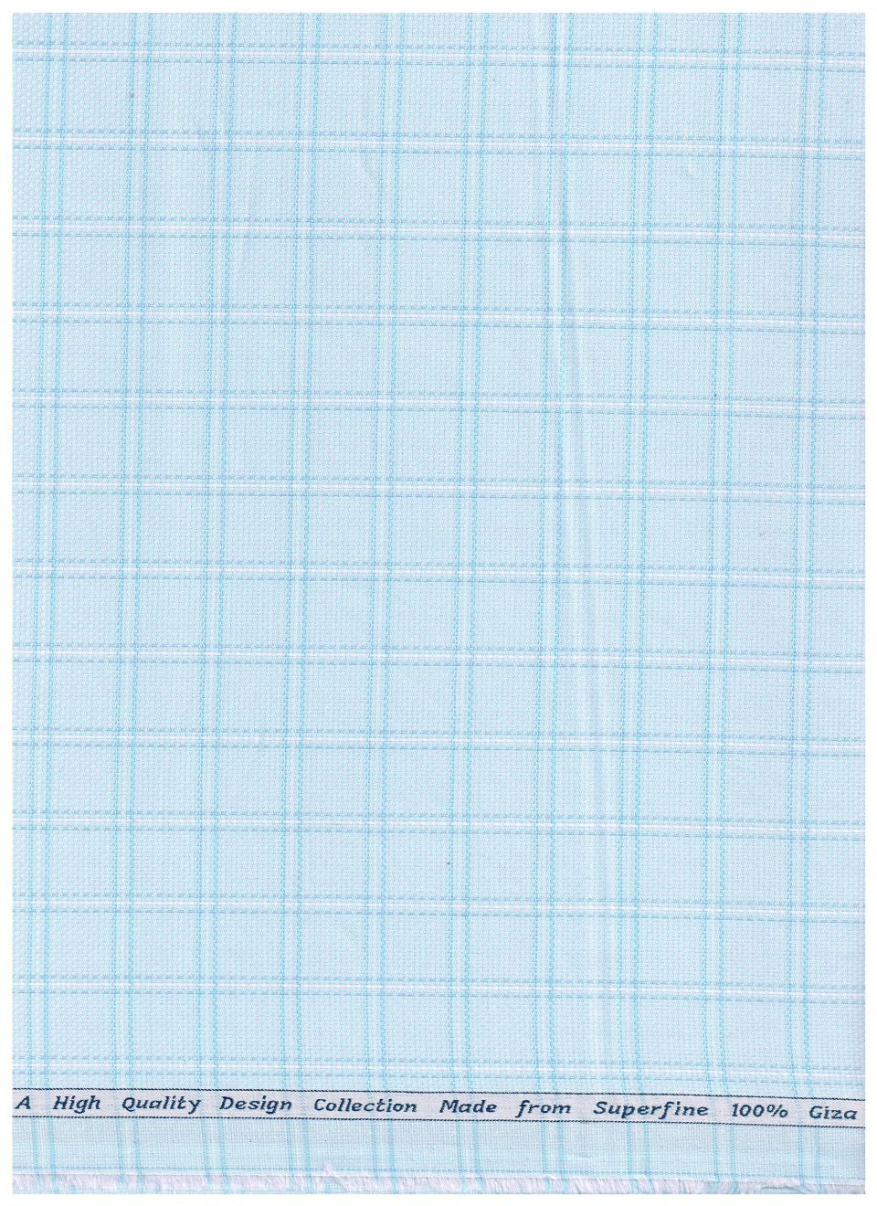 Sky blue Arvind Tresca shirt fabric in Giza cotton with checkered pattern, showcasing soft, high-quality cotton textile.