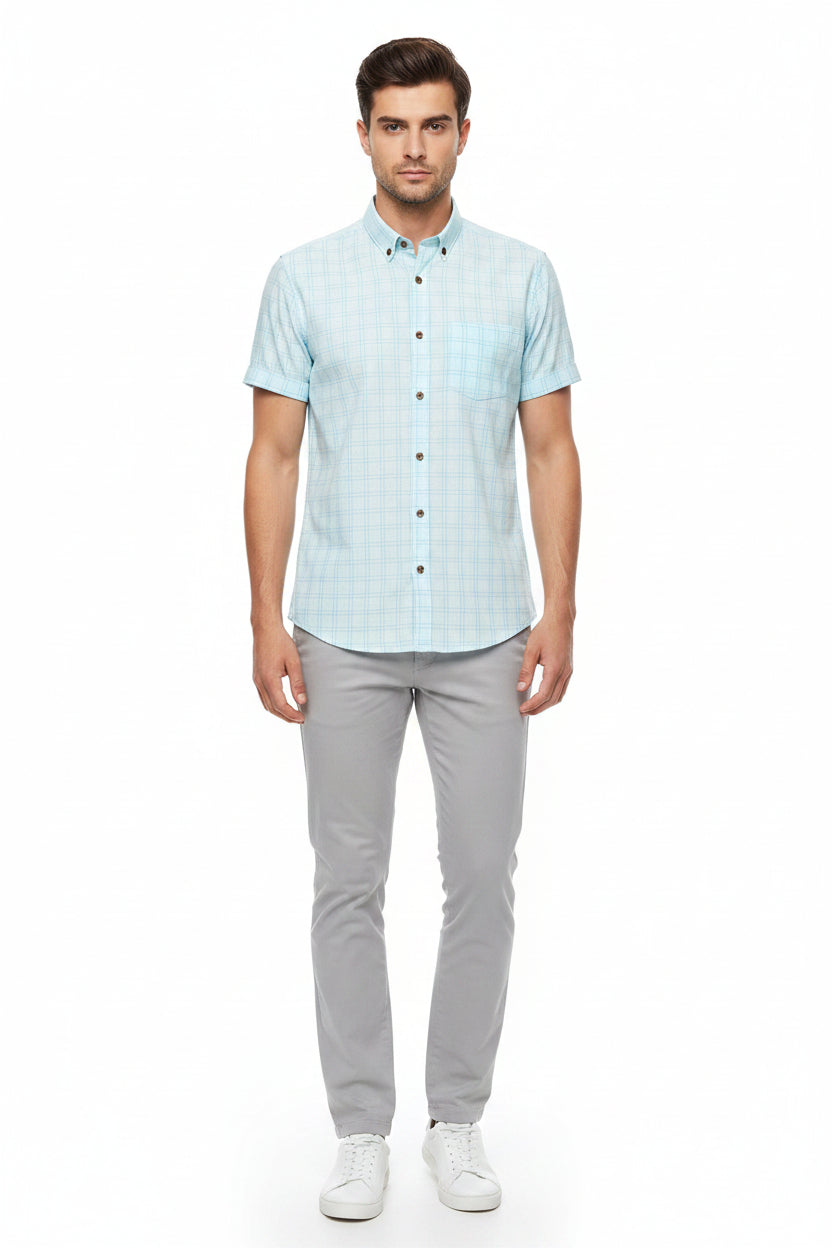Sky blue Arvind Tresca cotton shirt fabric with check pattern, made from Giza cotton for a soft, breathable textile.