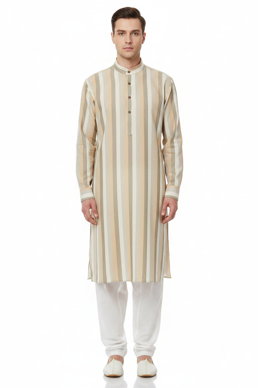 Beige Arvind Tresca shirt fabric made of Giza cotton with a striped pattern, ideal for stylish shirt designs.