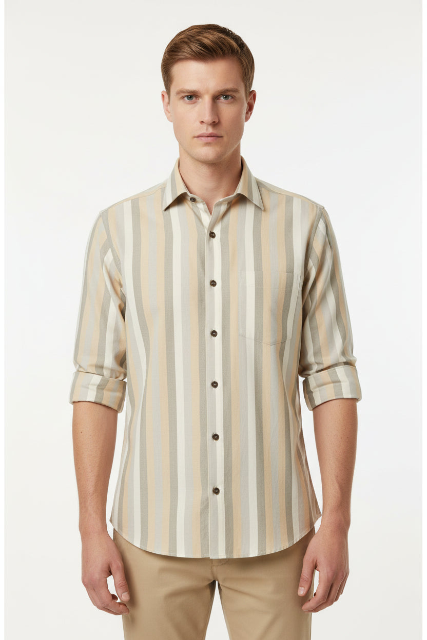 Beige striped Arvind Tresca shirt fabric made from Giza cotton, featuring a soft, high-quality woven pattern.
