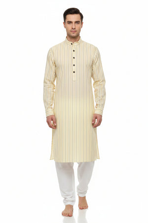 Yellow buttermilk Arvind Tresca cotton striped shirting fabric, unstitched material with a soft, breathable cotton weave.
