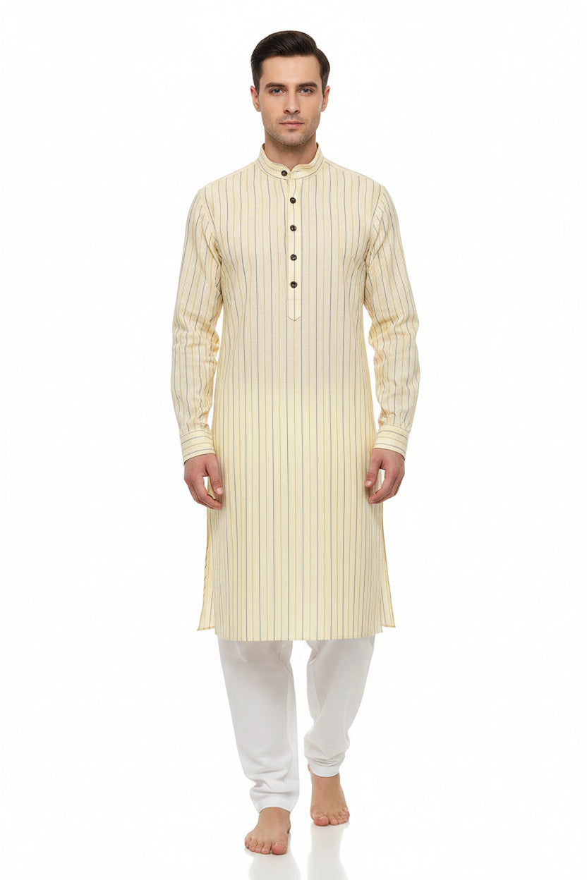 Yellow buttermilk Arvind Tresca cotton striped shirting fabric, unstitched material with a soft, breathable cotton weave.