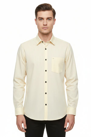 Arvind Tresca cotton striped shirting fabric in yellow buttermilk, suitable for making shirts, with a soft and lightweight texture.