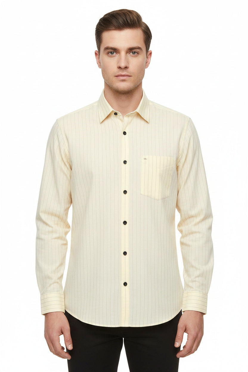 Arvind Tresca cotton striped shirting fabric in yellow buttermilk, suitable for making shirts, with a soft and lightweight texture.