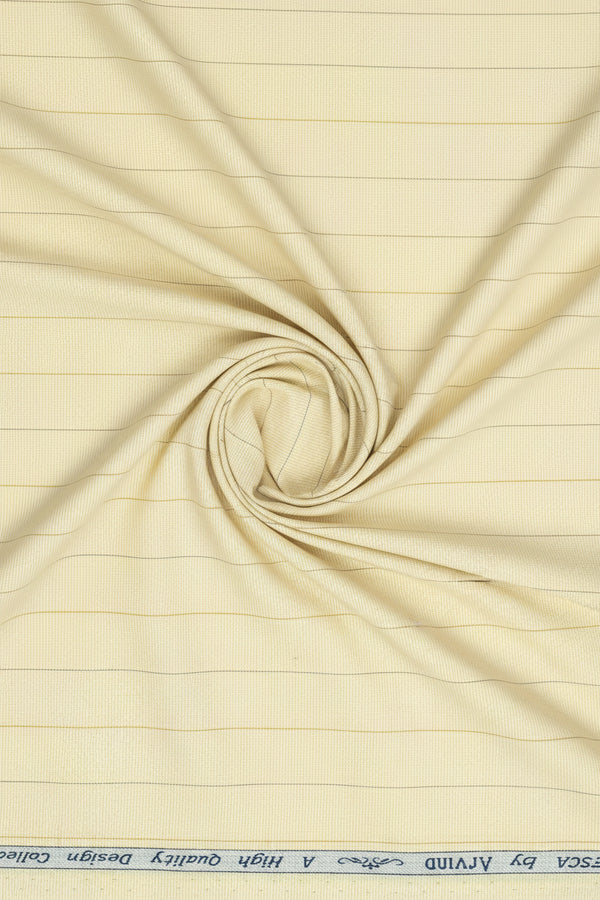 Yellow striped Arvind Tresca Giza cotton shirt fabric with a smooth, woven texture and vibrant pattern.