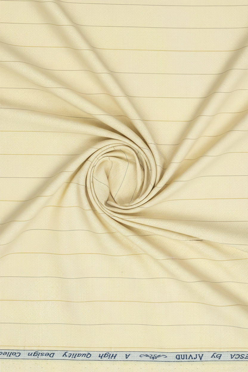 Yellow striped Arvind Tresca Giza cotton shirt fabric with a smooth, woven texture and vibrant pattern.