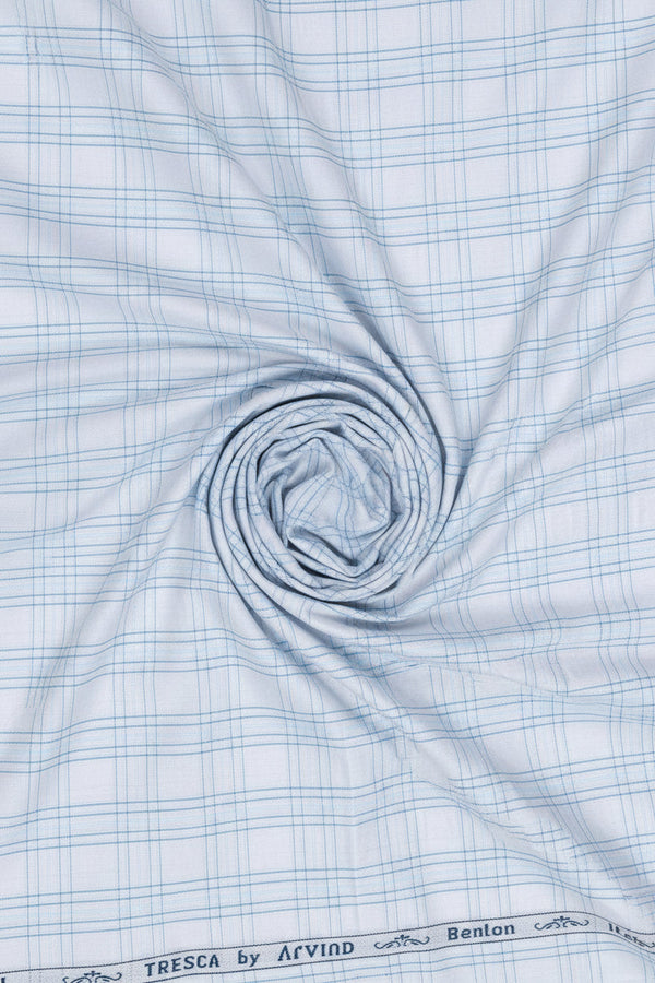 Sky blue Arvind Tresca shirt fabric with Giza cotton checks, showcasing soft, high-quality woven textile for shirts.