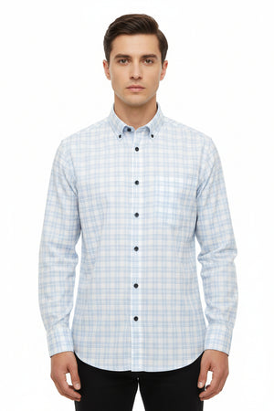 Sky blue Arvind Tresca Giza cotton shirt fabric with check pattern, detailed close-up showing the fabric texture and design.